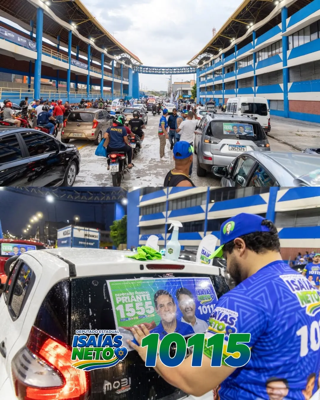 Fila de carros e motos em ação de adesivagem, e voluntário colando adesivo no vidro traseiro