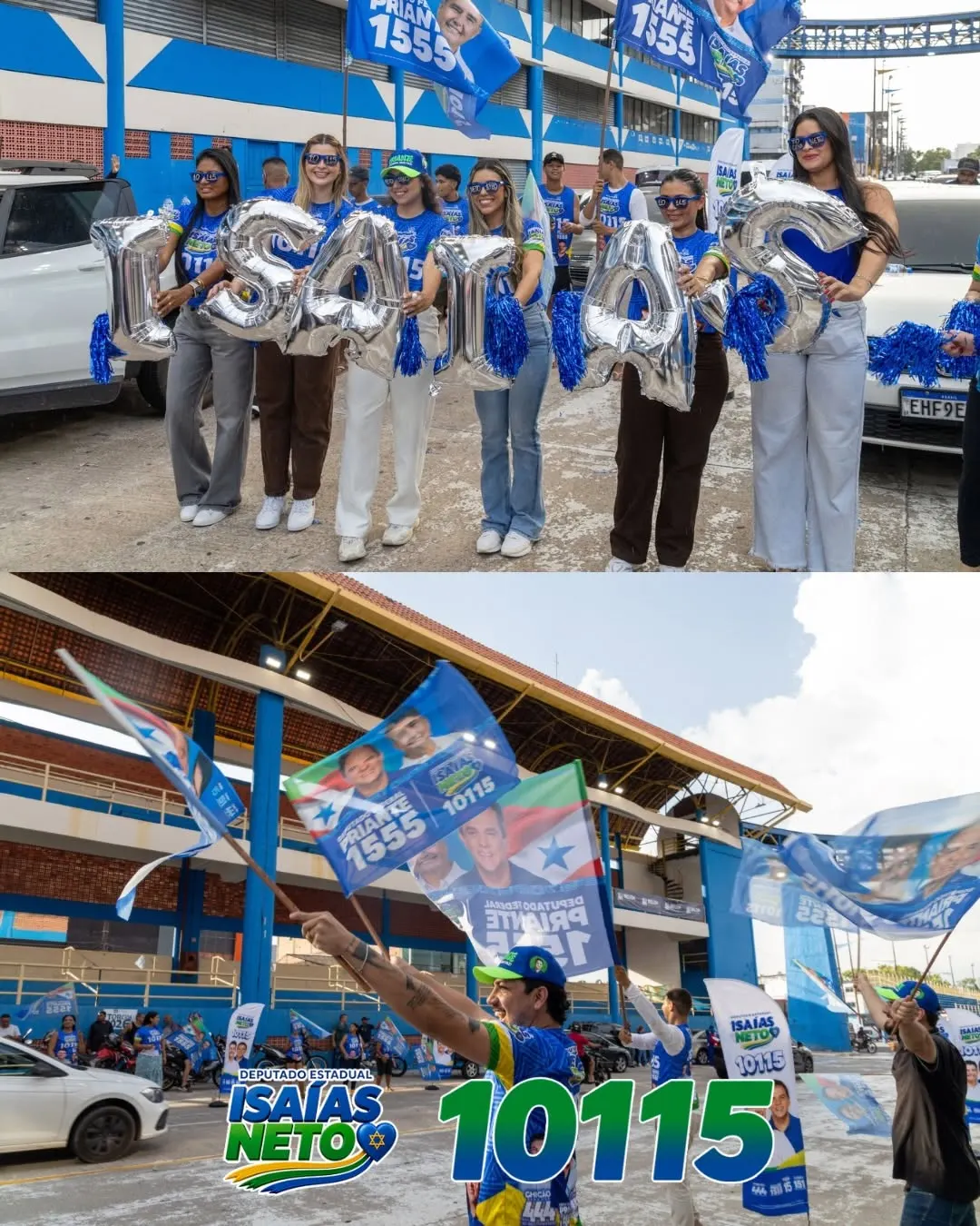 Voluntárias com os balões do nome Isaías e apoiadores agitando bandeiras da campanha