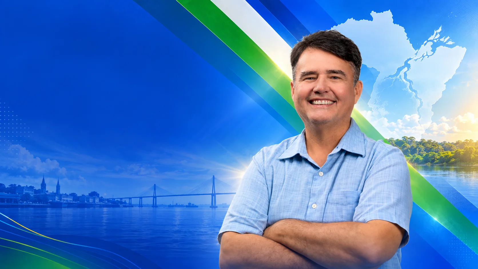 Isaías Neto com o rio e a ponte ao fundo